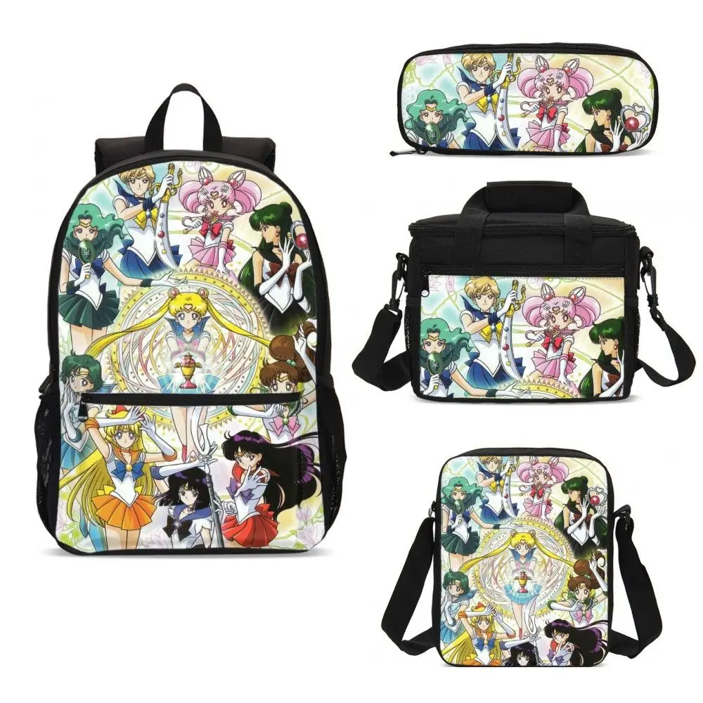 Sailor Moon/Комплект детских школьных сумок с 3D принтом; повседневные школьные сумки для девочек; чехол для ланча; Сумка-карандаш; детский школьный рюкзак; 4 шт - Цвет: SCBW015001TIB
