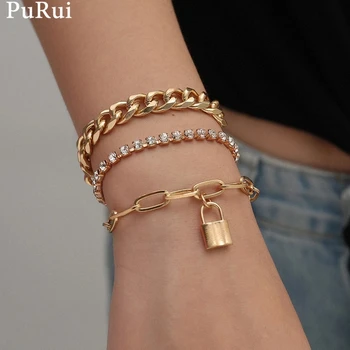 

Purui Gothic 3Pcs/Set Crystal Lock Pedant Bracelets Set for Women Boho Luxury Buling Rhinestone Chain Bracelets Bangles Jewelry