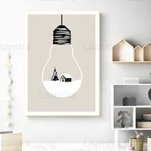 Snow Scene Decoration Painting Tree and Wooden House In Light Bulb Home Decoration Living Room Canvas Painting Wall Art Poster