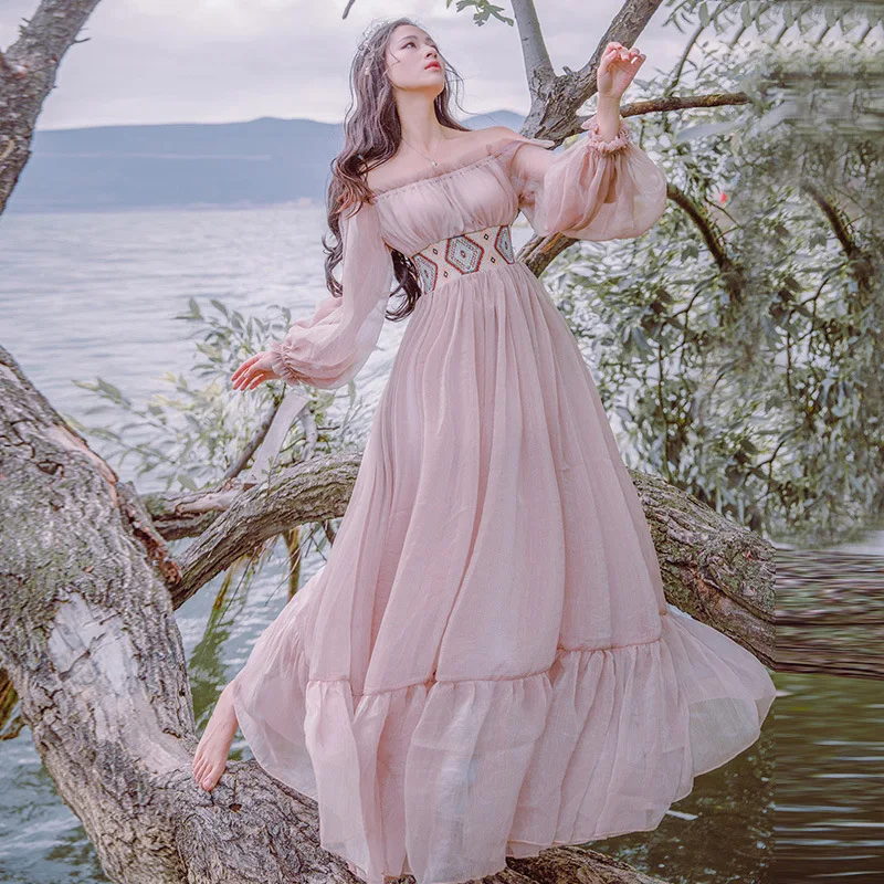 

Autumn New Style Horizontal Neck off-Shoulder Sen Goddess Chiffon Dress Long Sleeve Slimming Retro Big Hemline Holiday Fairy Lon