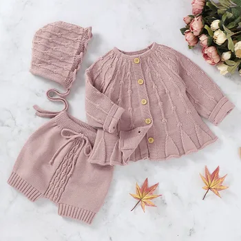 

Baby Girl Clothes Set Newborn Toddler Clothes Fashion 3PCS Warm Sweater Coat+Knitwear Shorts+Hat Set Robe Bebe Free Shipping