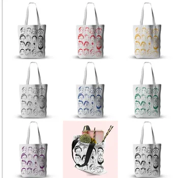 

Women's Shoulder Bag Illustration Canvas Bag Black And White Cartoon Character Avatar Shopping Bag Lady Shoulder Tote Bag