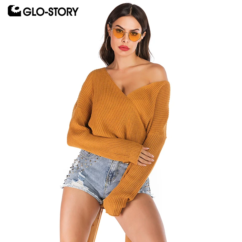 

GLO-STORY Casual Loose Women Sweater Deep V-Neck Backless Batwing Sleeve Pullover 2019 Autumn New Streetwear Top Female 6131