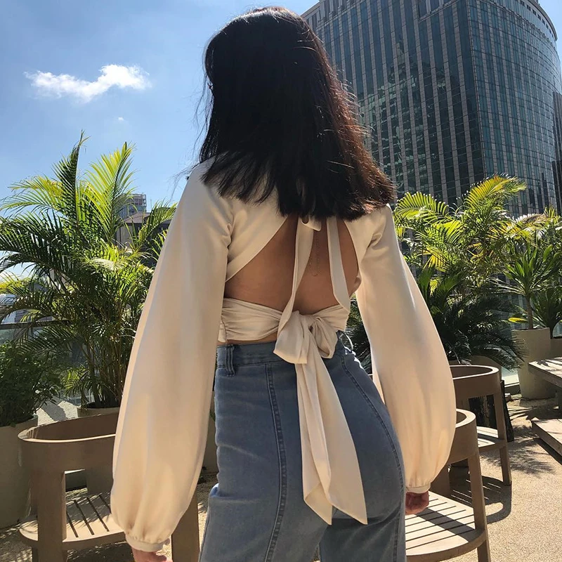 Women V-neck T Shirt Summer Sexy Bowknot Criss Cross Shirt Adults High Street Hollow Out Solid Color Long Sleeve Pullover Tops