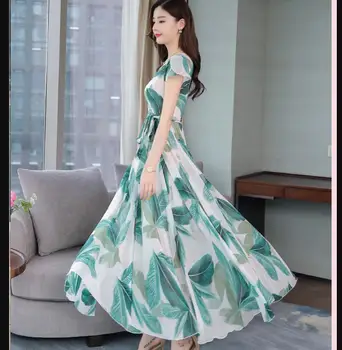 

Xincooler New Summer Middle Aged Female Print Chiffon Short Sleeve Fashion Dress Fashion Slim Plus Size Holiday Dresses Sashes