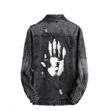 Fashion Harajuku Handprint Retro Rock vintage Gray Denim jacket men boyfriend punk Sweatshirt sudadera streetwear cowboy hiphop