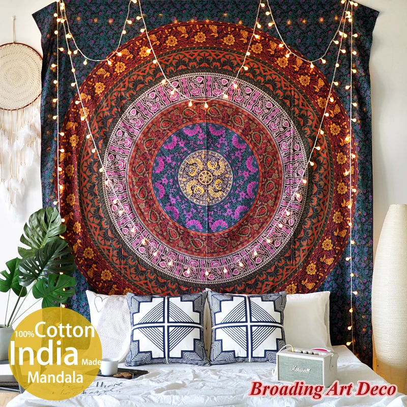 

India Handmade 100%Cotton Mandala Tapestry Wall Hanging "Flower Circle" Screen Print Boho Tapestries Beach Yoga Mat 210x230CM