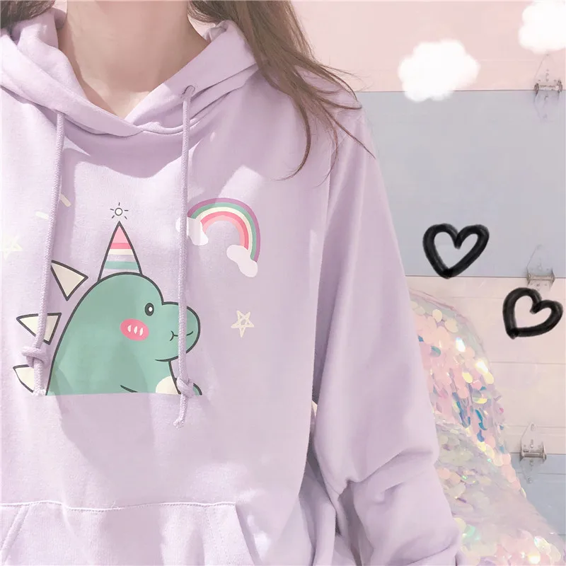 Мягкие японские игрушки милые маленькие животные печати Drawstring Kawaii милый Свитшот толстовка с капюшоном с длинными рукавами женские повседневные топы - Цвет: purple