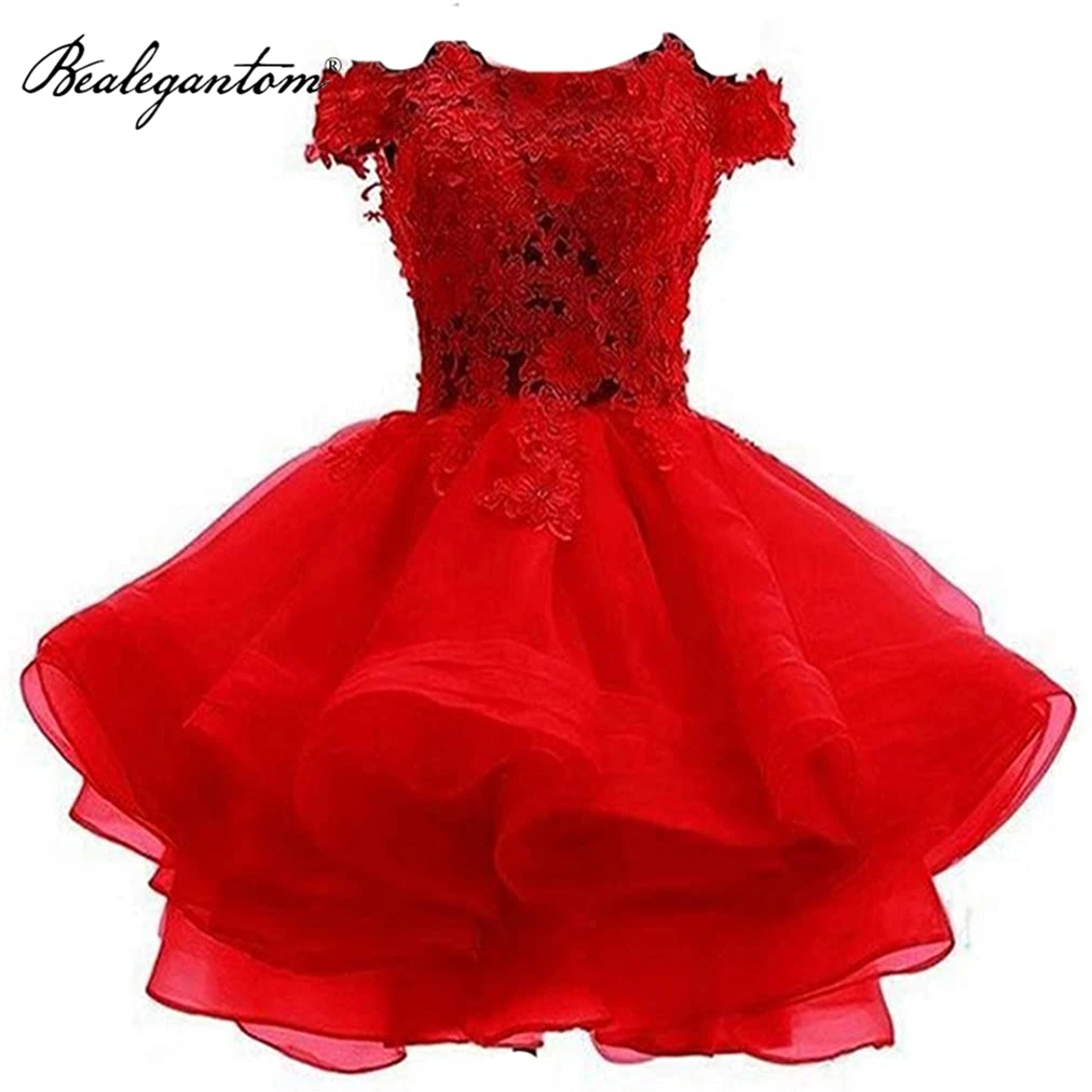 

Bealegantom Short Homecoming Dresses Lace Red Off The Shoulder Organza With Appliques Mini Lace Prom Party Graduation Gown