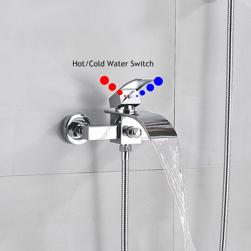 ULGKSD Chrome Plated Bathtub Faucet Set Waterfall Spout Solid Brass Hot Cold Mixer Tap Bath Shower Faucets Wall Mounted 3