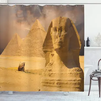 

Amber Brown Egyptian Print Shower Curtain Sphinx Face Other Pyramids Egypt Old Historical Monument Bathroom Curtain