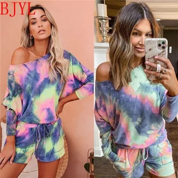 

BJYL Tie Dye Two Piece Set Casual Long Sleeve Crop Top Shirt And Loose Shorts Home Women Sets Summer Outfits For Women 2020