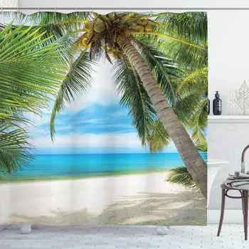 

Ocean Shower Curtain, Shadow Shade of a Coconut Palm Tree on White Sandy Seashore Image, Cloth Fabric Bathroom Decor Set with