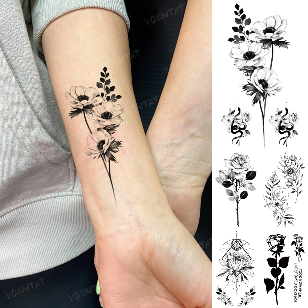 Tatouage Femme Poignet Fleur Tatouage Temporaire Imperméable Pour Femme Et Enfant, Autocollant, Plante À  Fleurs Réaliste, Rose, Pivoine, Serpent, Flash, Pour Poignet - Tatouages  Éphémères - AliExpress
