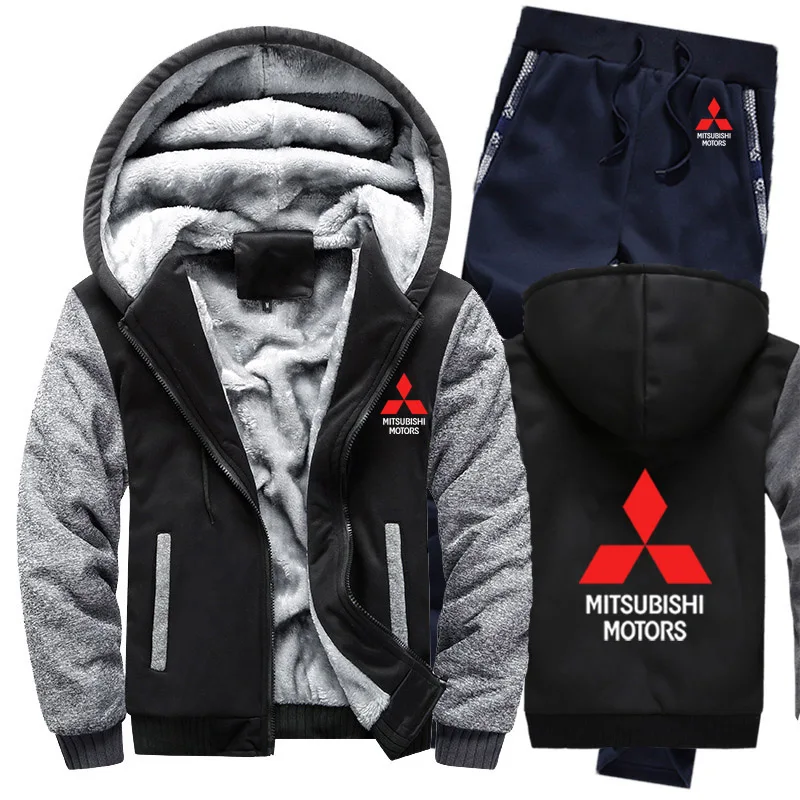 

Hoodies Men Mitsubishi Car Logo Mens Hoodies Suit Winter Thicken Warm Fleece cotton Zipper Tracksuit Mens Jacket+Pants 2Pcs Sets
