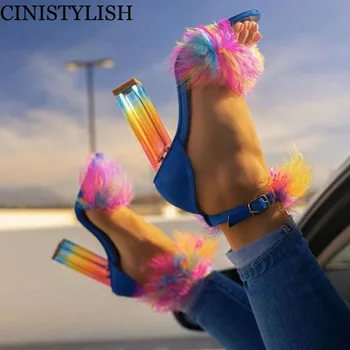 

women summer pumps thin high heels peep toe faux fur sandals bride wedding shoes for woman female mujer sapato feminino 2020