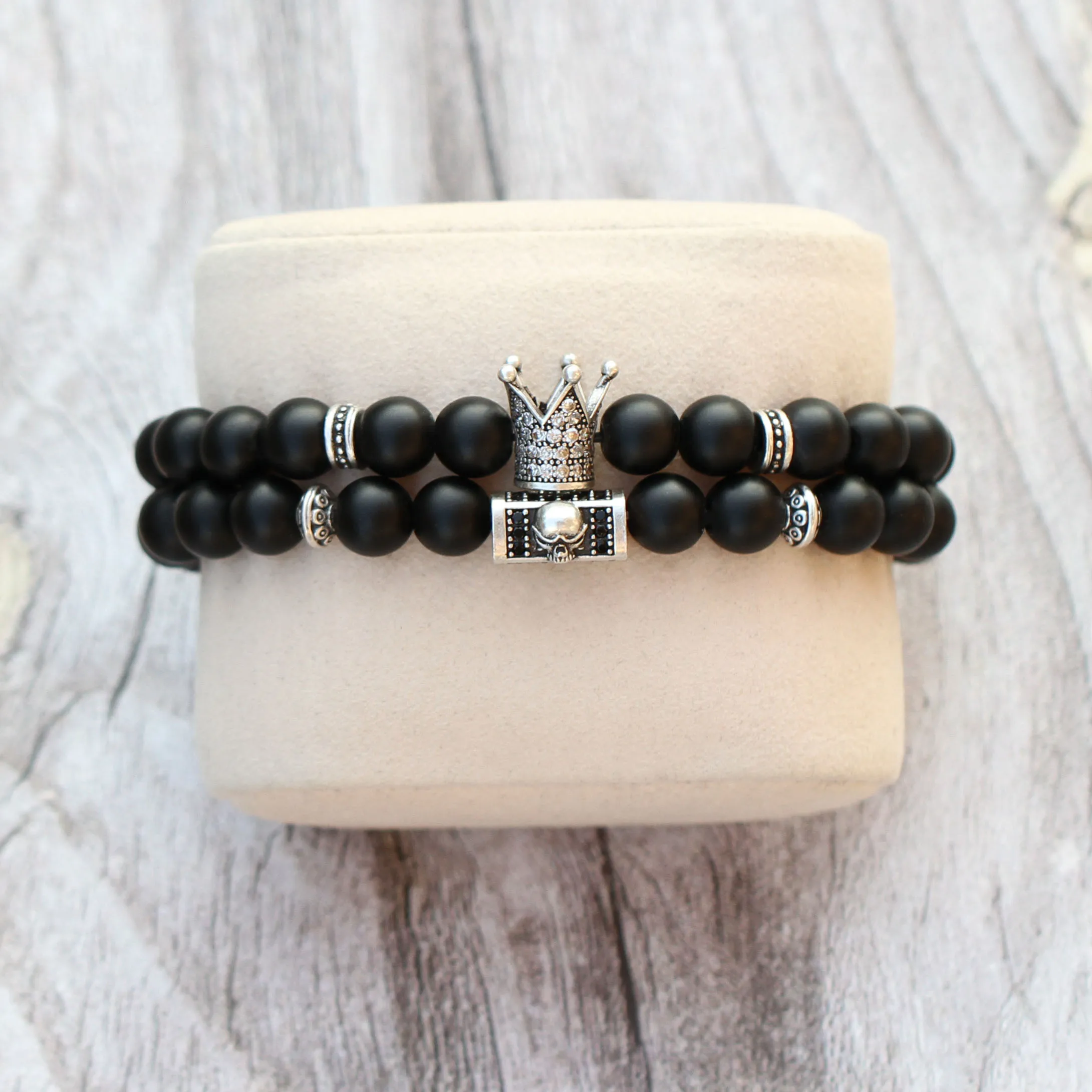 skull bracelet 1 2 шт./компл. Корона Череп Браслет Для мужчин Для женщин классический Винтаж Стиль матовые бусины камень Homme Подвеска на браслет в виде якоря для пары ювелирные изделия - Окраска металла: skull bracelet 1