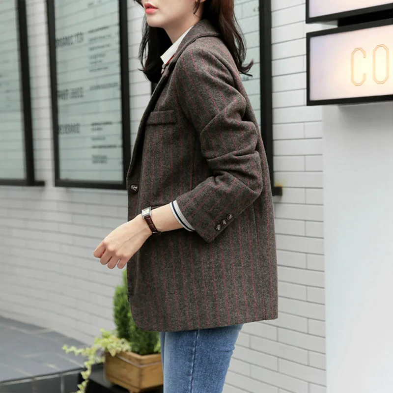 

Winter Wool Women's Suit Jacket Jacket Thickening 2019 Korean Version New Loose Plaid Striped Woolen Women Jacket Suit