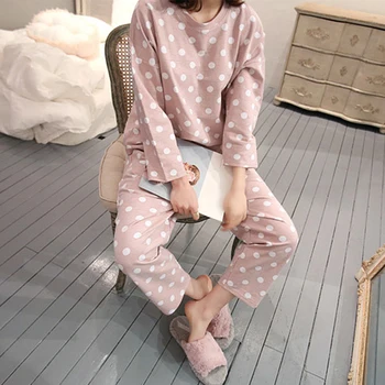 

Women Home Loose Polka Dot Pajamas Crew Neck Cute Pullover Long Sleeve Sleepwear Casual Tops Pants 2pcs