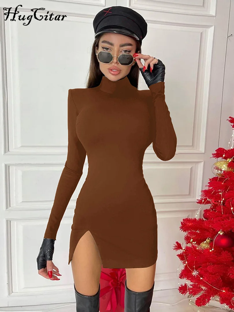 Hugcitar 2021 Long Sleeve Solid Turtleneck Cut Out Shoulder Pads Mini Dress Spring Summer Women Fashion Sexy Party Club Outfits 4
