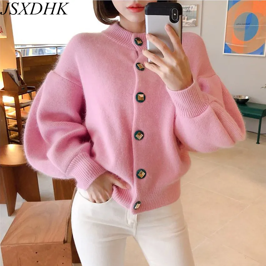 

Fashion Korean Designer Autumn Winter Pink Cardigan Coat Sweet Women Rabbit Hair Knitted Thick Soft Lantern Sleeve Sweater Coat