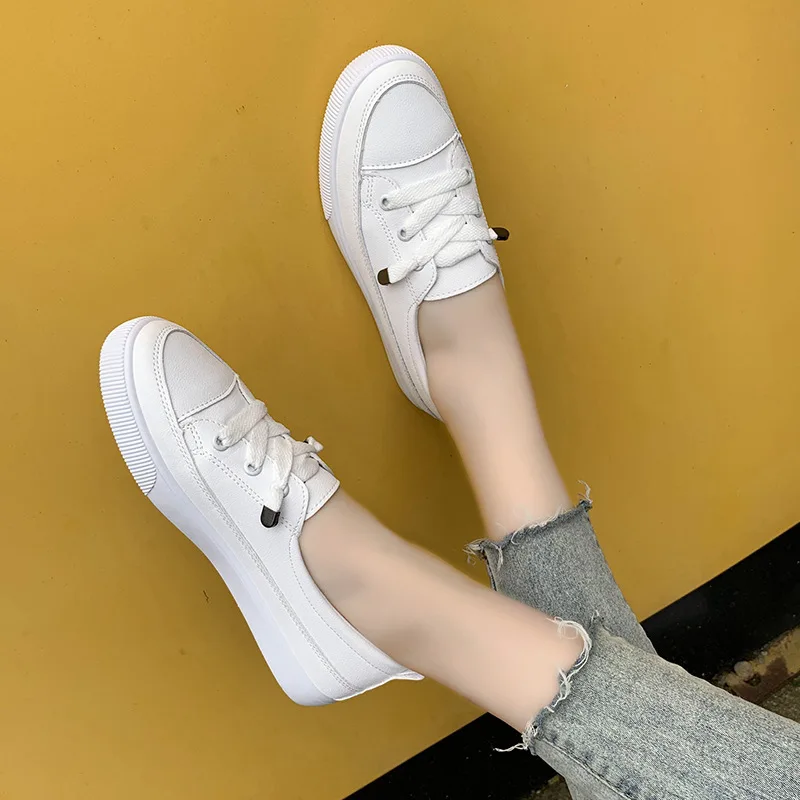 

Casual White Shoes Women's 2019 Summer Korean-style Students Lace-up round-Toe Foot Covering Low-Cut Flat Heel Leather Anti-slip