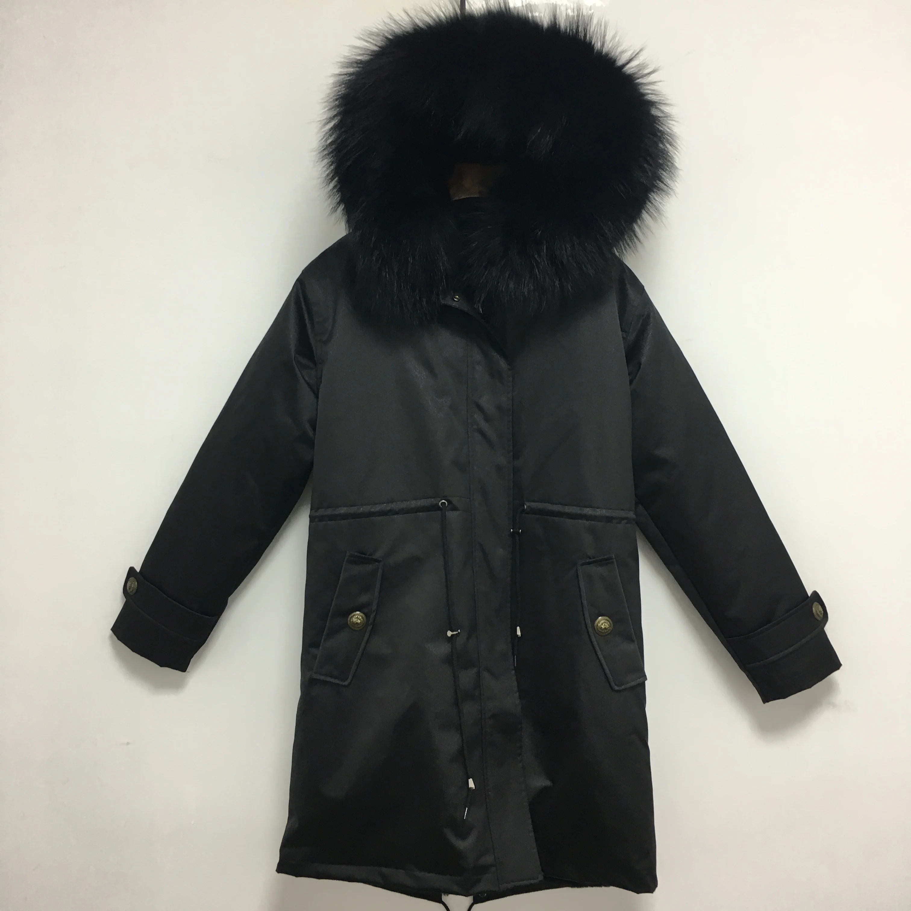Cheap Black Leather Handsome Natural Style Winter Black Fur Lined Trench Coat For Unisex