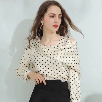 

Runway Designer New Acetic Acid Irregular Off-The-Shoulder Long Sleeve Print Dots Elegant Temperament Shirt Fashion High Quality