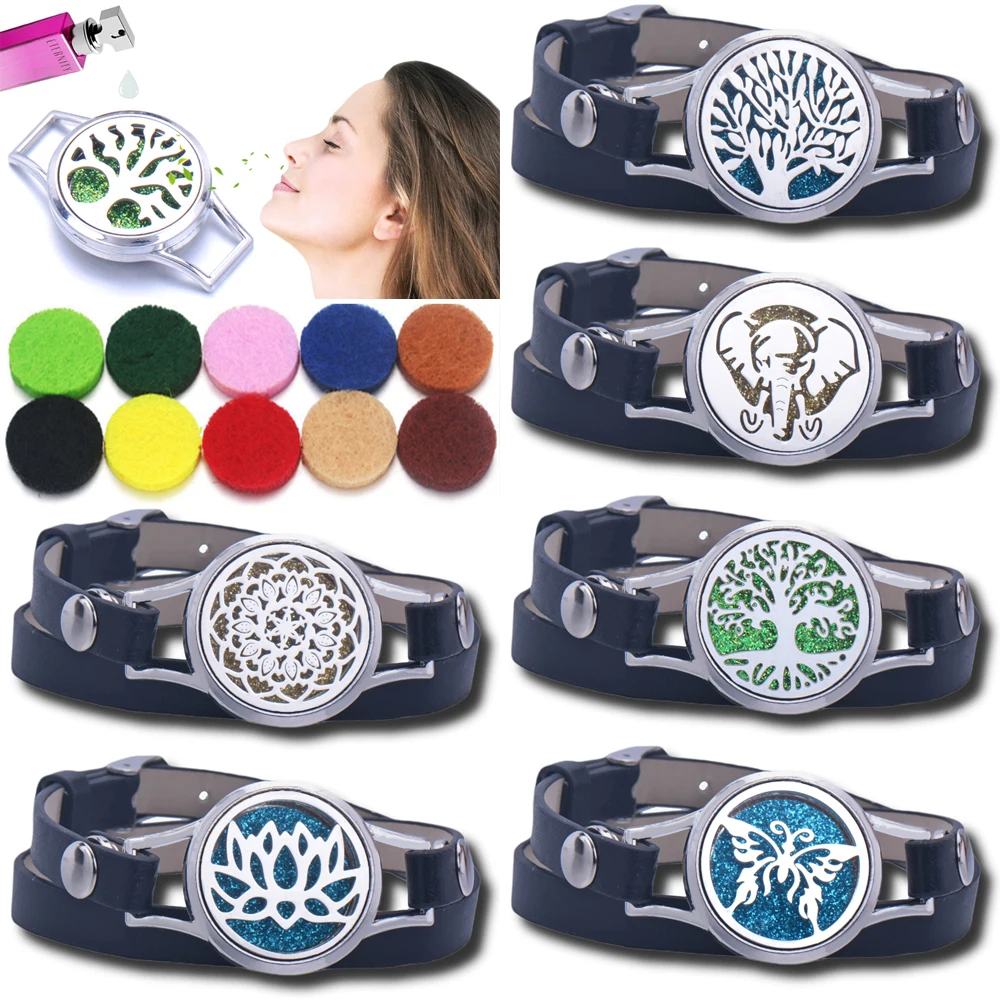 

Tree of Life Aromatherapy Leather Bracelet stainless steel Aroma lockets Essential Oil Diffuser Bracelets black Leather Bracelet