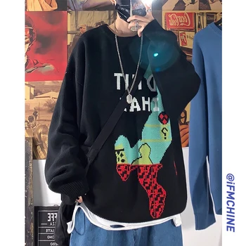 

UYUK2019 autumn winter new original casual fashion loose-fitting trend plus-size cartoon letter jacquard men's sweater harajuku