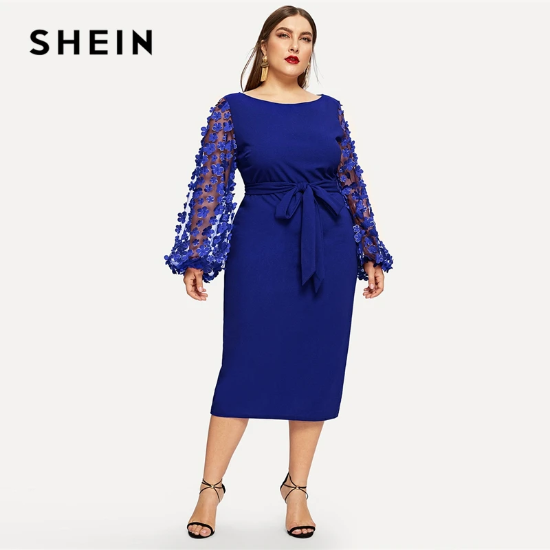 SHEIN Размера Плюс Платье Карандаш С Поясом Сетчатым Рукавом И 3D Вставкой 2019