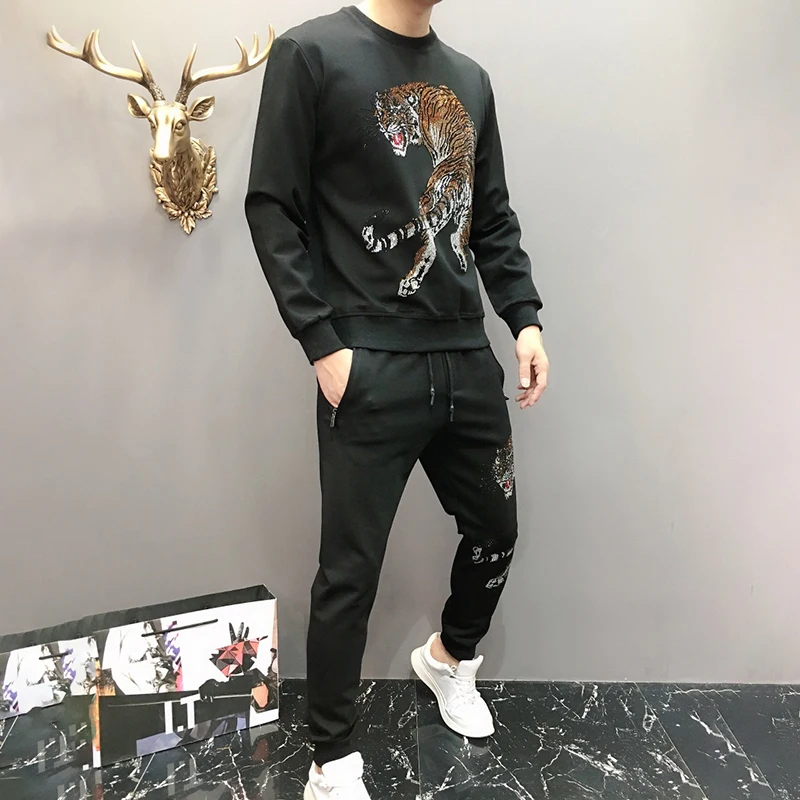 Вышивка бисером мужской набор colorfur tiger спортивный костюм классический черный модный мужской костюм из 2 предметов Осенняя спортивная одежда Бенгальский Тигр