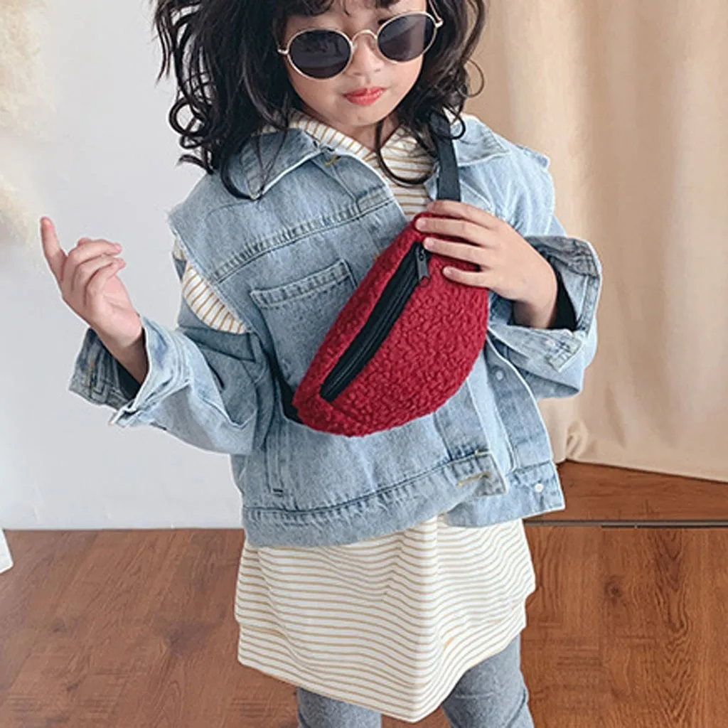 Children's Solid Color Cute Pattern Wool Chest Bag Pocket Fashion Trend New Women small Waist Pack Waist Bags for girls bolsa