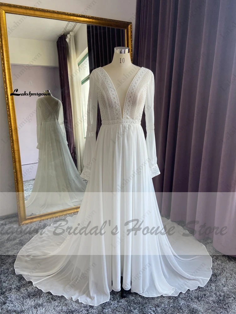 Vestidos Boho Bridal Long Sleeve Wedding Dresses A Line 2021 Robe Longue Simple Beach Chiffon Long Wedding Gowns Deep V-neck 3