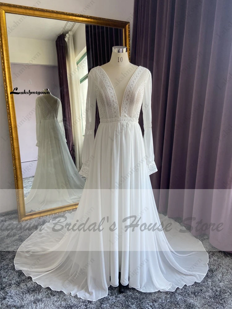 Vestidos Boho Bridal Long Sleeve Wedding Dresses A Line 2024 Robe Longue Simple Beach Chiffon Long Wedding Gowns Customized 3