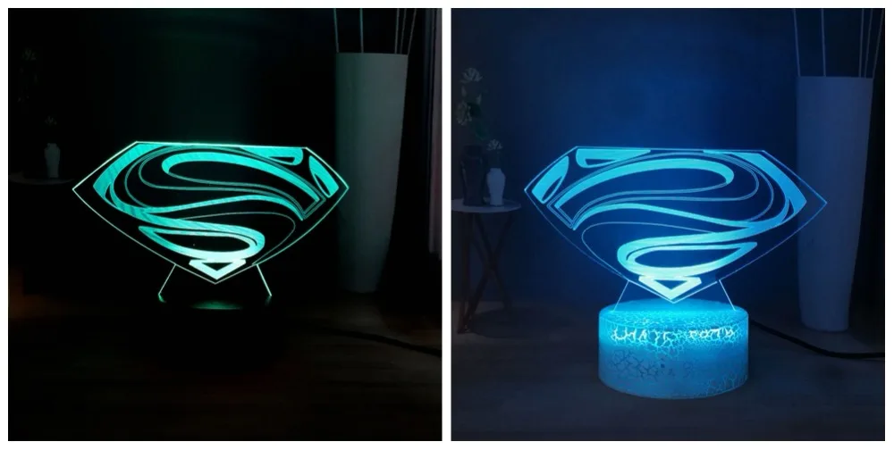 Светодиодный Ночной светильник с логотипом Супермена, символ Marvel, RGB, многоцветная USB, мини-Сенсорная 3D визуальная настольная лампа, вентиляторы фильмов, Подарочная игрушка