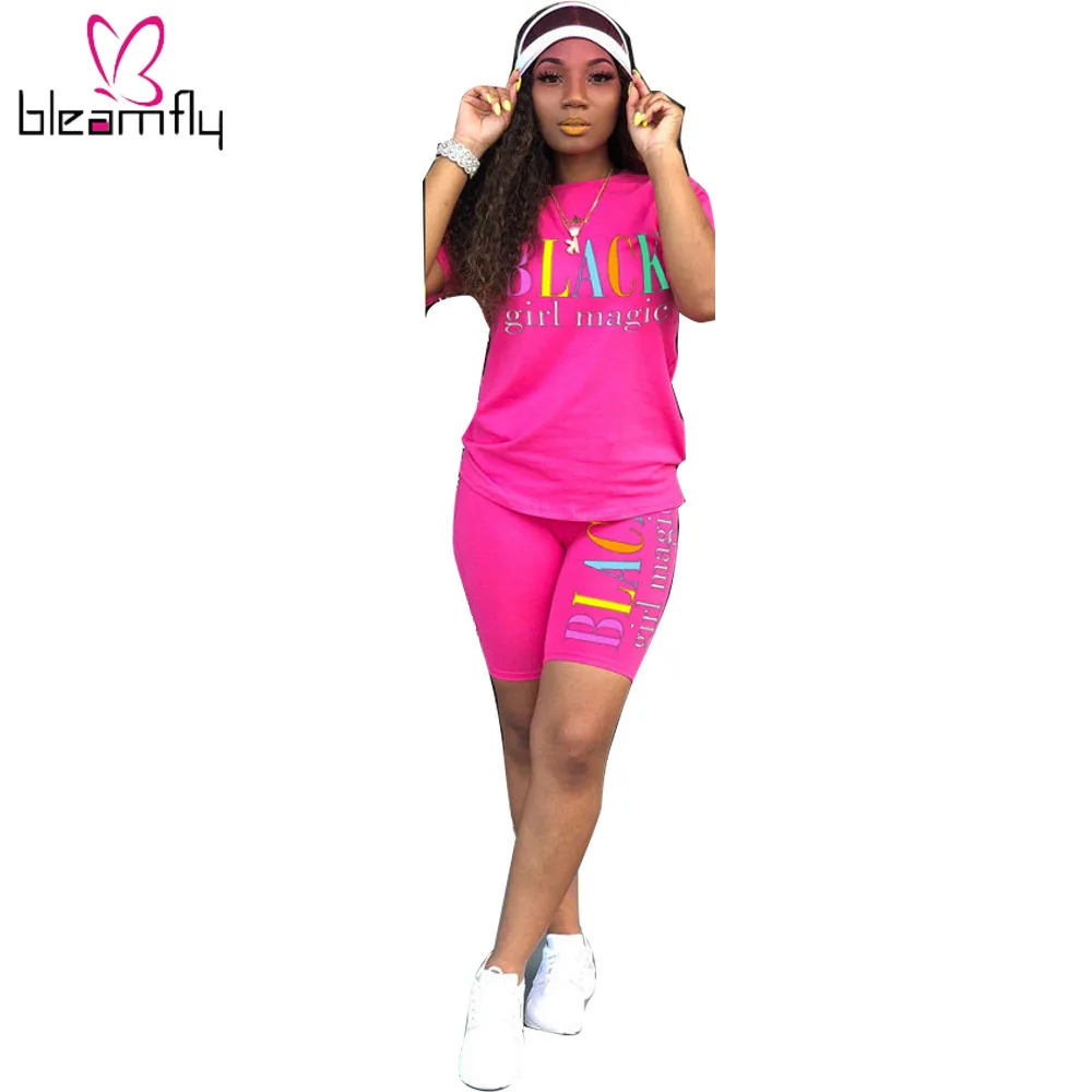 

2019 Women New Summer Letter Print Short Sleeve T-shirt Knee Length Shorts Suit Two Piece Set Sporting Tracksuit Outfit