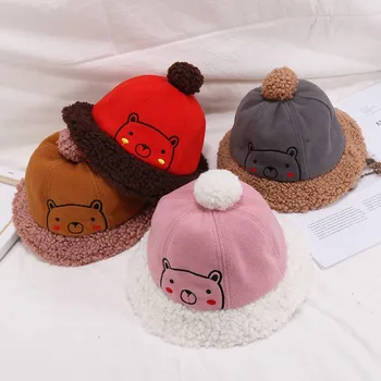 

Autumn Baby Boys Girl Toddler Cartoon Print Bucket Hats With Ball Design Caps Reversible Sun Headwear Winter Accessories for Kid