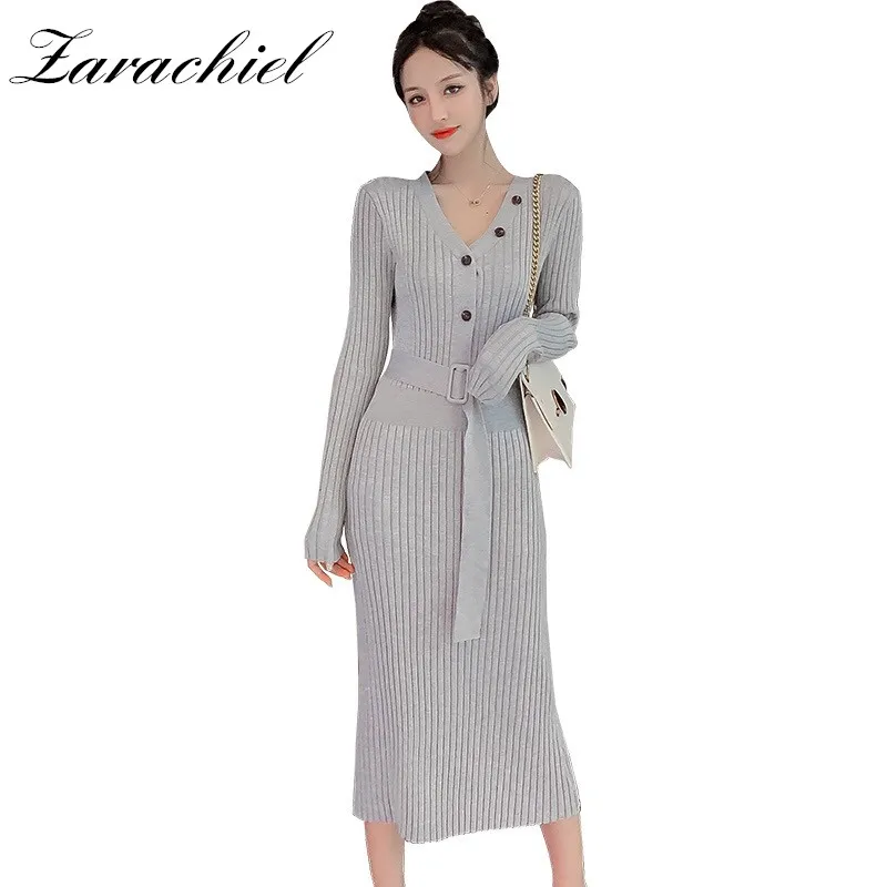 

Knitted Dress 2019 Autumn Winter Sweater Dress Women Long Sleeve V-Neck Striped Button Sashes Pullover Long Stretch Ladies Dress