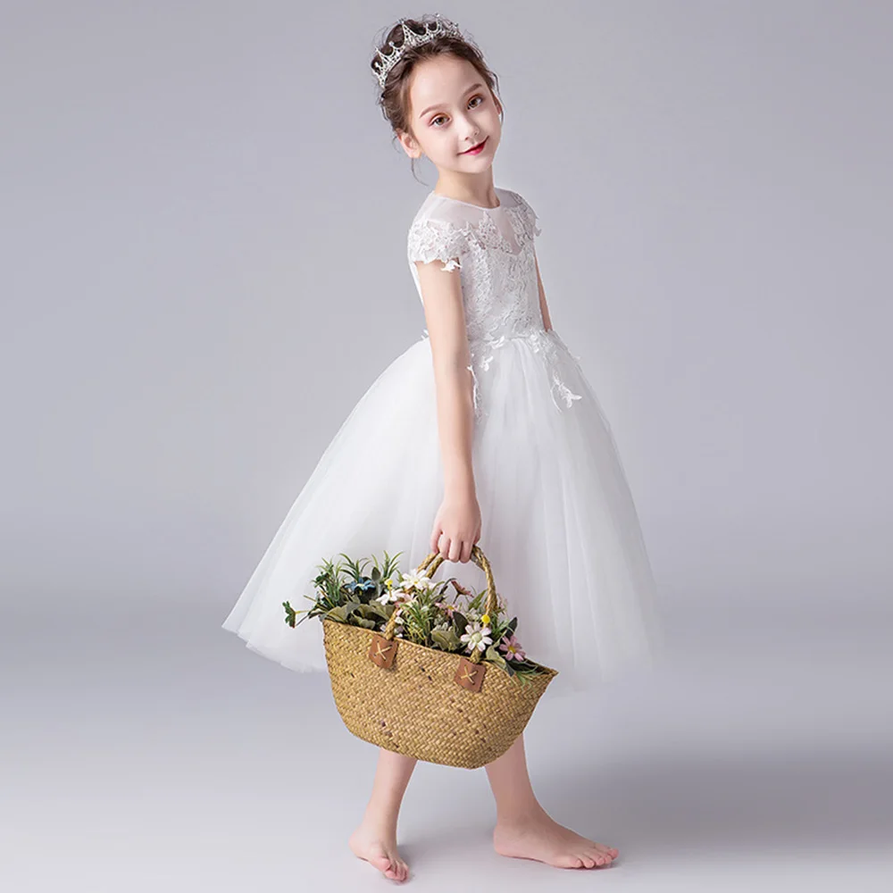 Платья для первого причастия белое платье с цветочным узором для девочек чайное платье с кружевной аппликацией