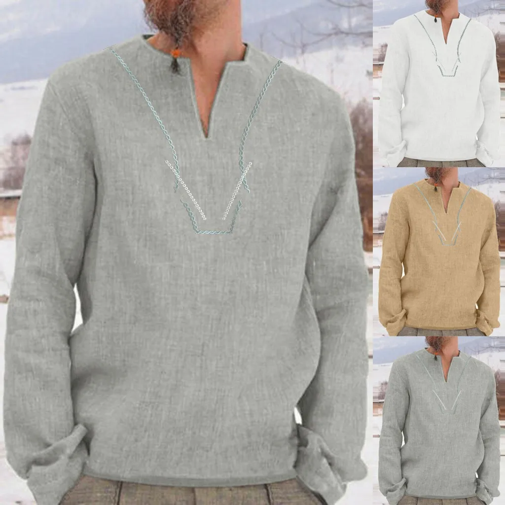 

vetement femme 2019 Men's camisa masculina shirt clothe Baggy Retro Cotton Blend Solid Embroidery Long Sleeve V Neck Shirts Tops