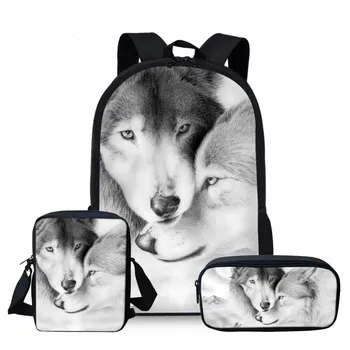 

THIKIN 2020 New Style Cool Wolf Print School Bags Set for Boys Female Backpack Schoolbags High Quality Backpack Book Bag Custom