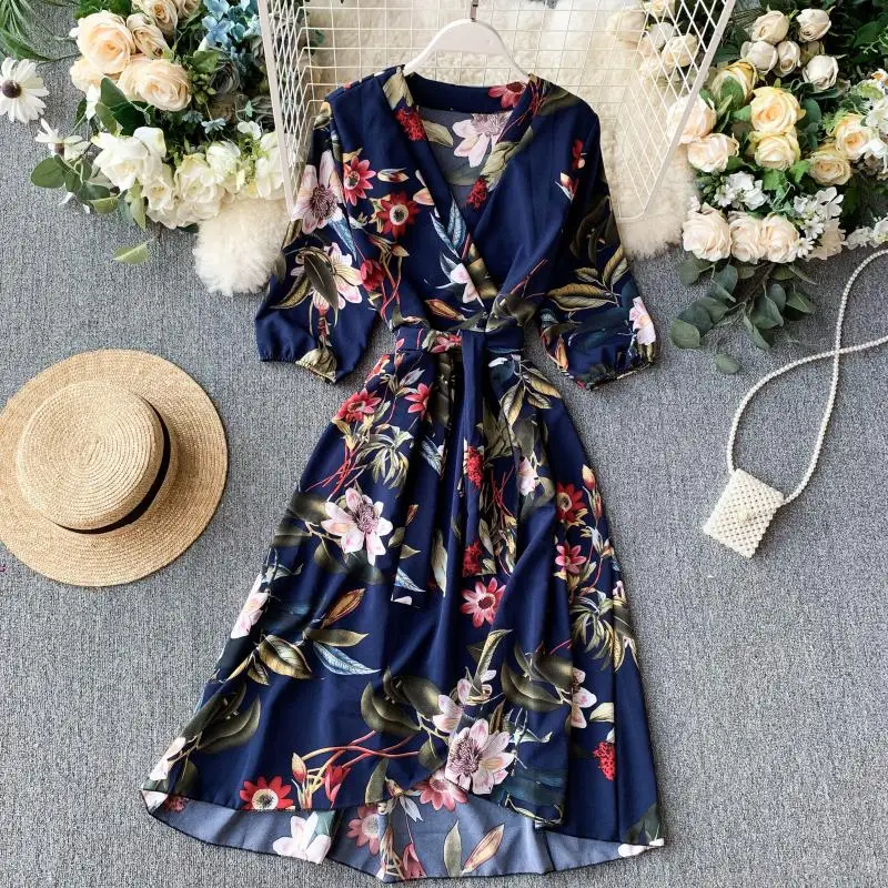 

2020 Vintage Slim V Neck spring Autumn Floral Print Midi Long Irregular Bandage Dress Women 3/4 Sleeve High Waist elegant dress