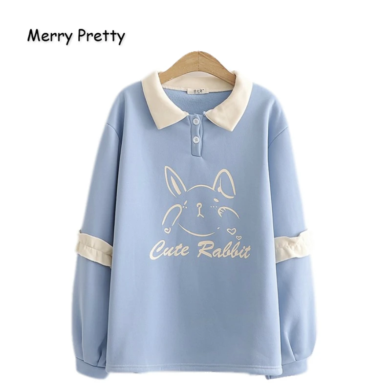 Merry Pretty Women's Cartoon Rabbit Print Cute Hoodies Sweatshirts Winter Warm Ruffles Patchwork Turndown Collar Pullover