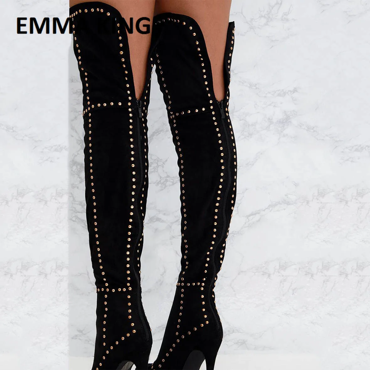 Emma king/обувь; женские сапоги с заклепками; Черные Сапоги выше колена; пикантные женские сапоги до бедра; сезон осень-зима; коллекция года