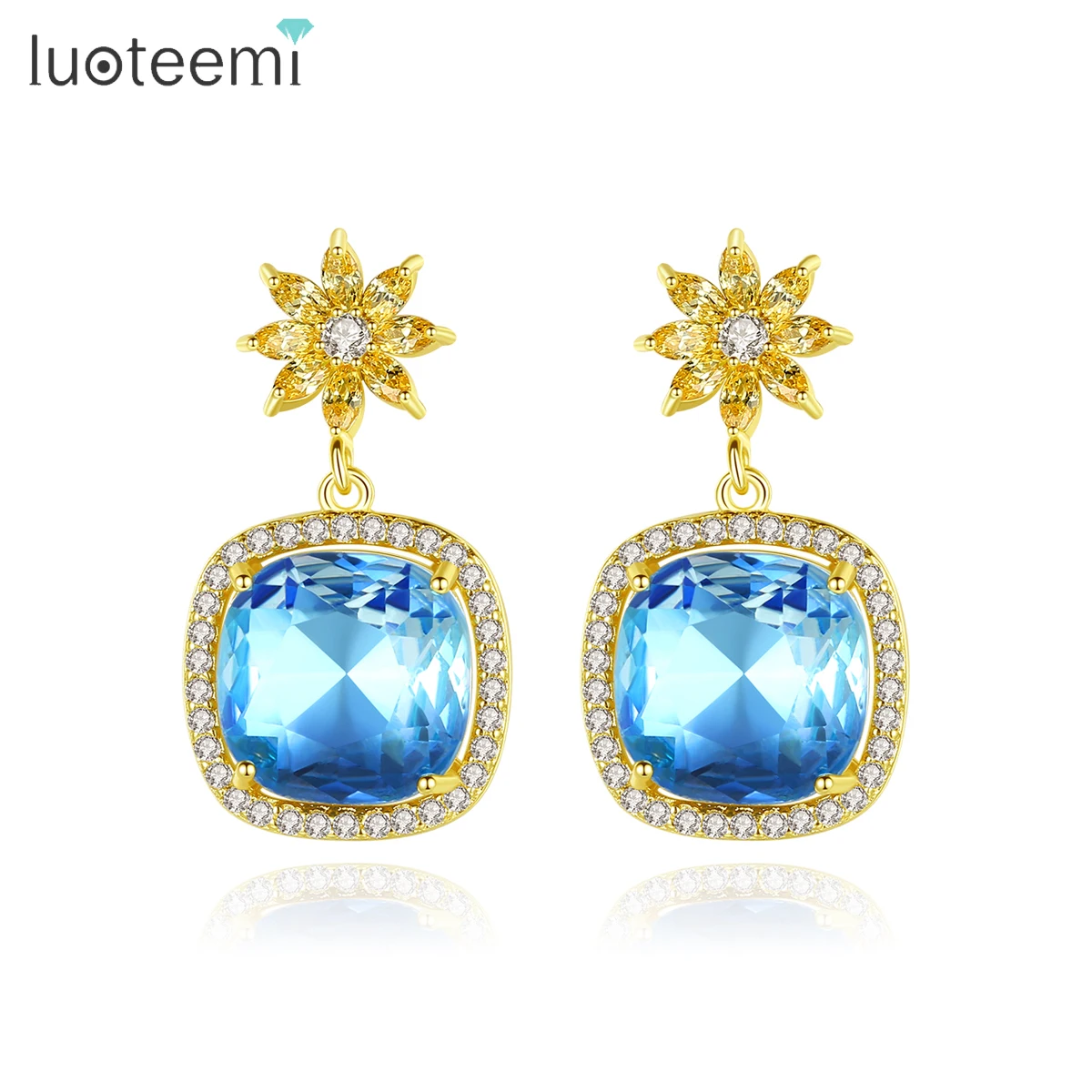 

LUOTEEMI Exquisite Flower Drop Earrings for Women Vacation Beach with Blue/Multicolor Cubic Zircon Gold Color Fashion Jewelry