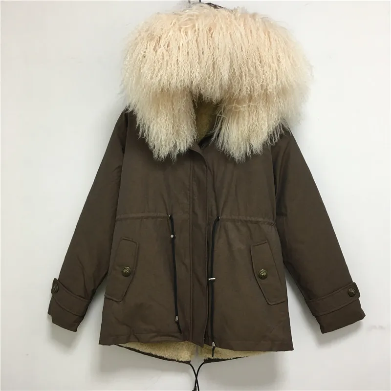 Men's Brown Short Jacket Top Quality Real Lamb Fur Collar Can Be Removable High-tech Anti-Lamb Liner Coat Plus Size Parka