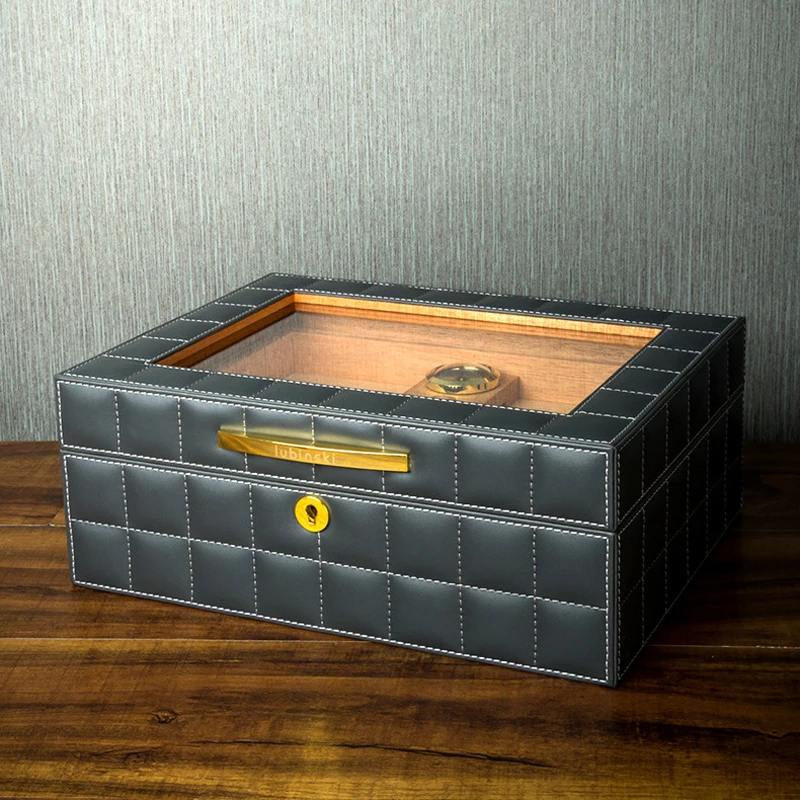 

LUBINSKI Genuine Leather Spanish Cedar Wood Travel Humidor W/Lock Humidifier Hygrometer Cigar Case Cigars Humidor Box