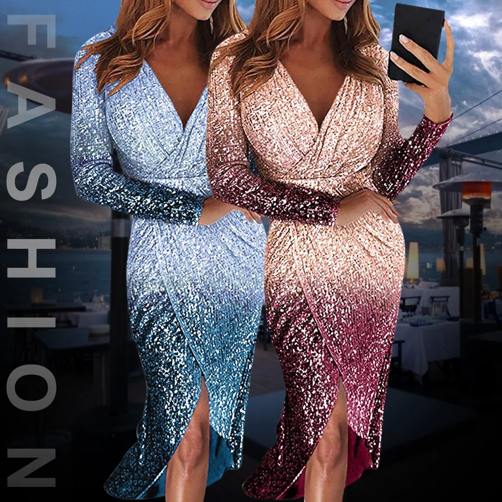 

Banquet Long Sleeve Women Dress Evening Party Pleated V Neck Slim Sexy Cocktails Gradient Color Sequined Split Fashion Dinner