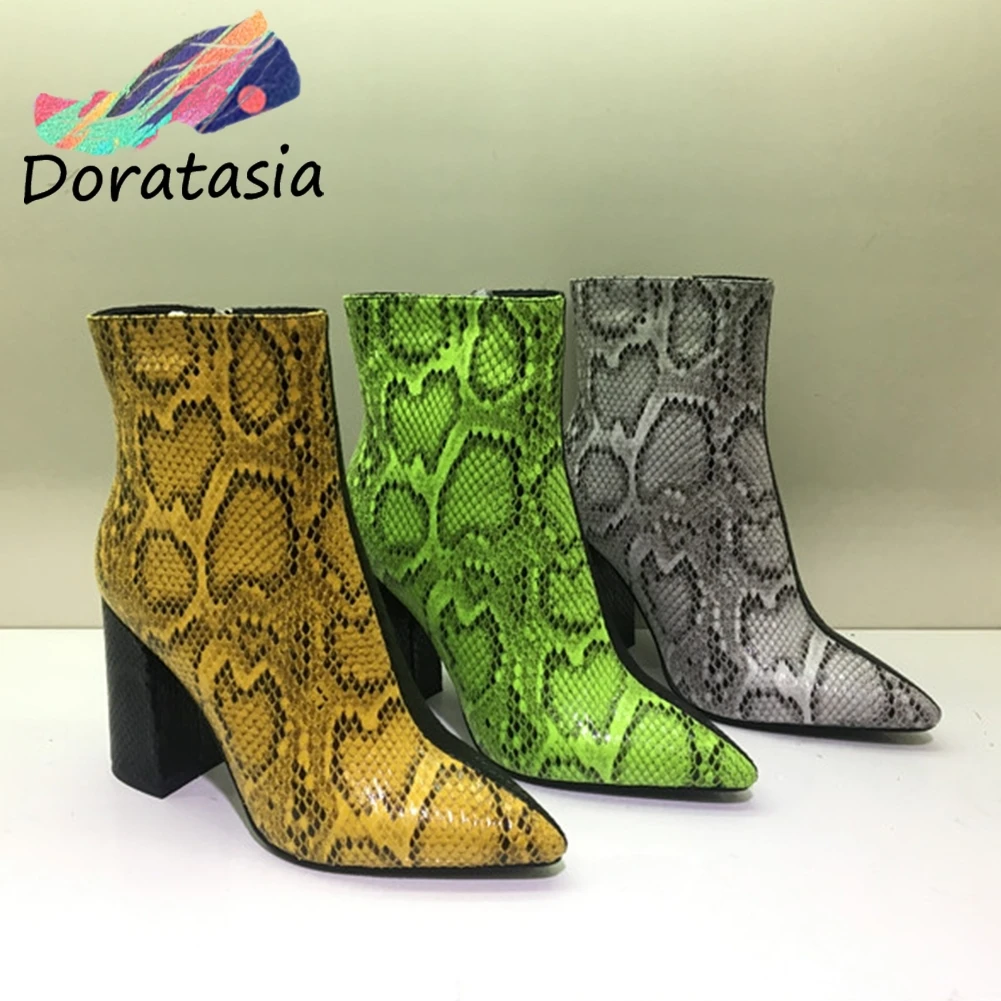 

New Print Snake Pu Women Ankle Boots Zip Pointed Toe Footwear Thick High Heels Boots Female Party Sexy Shoes Women 2020
